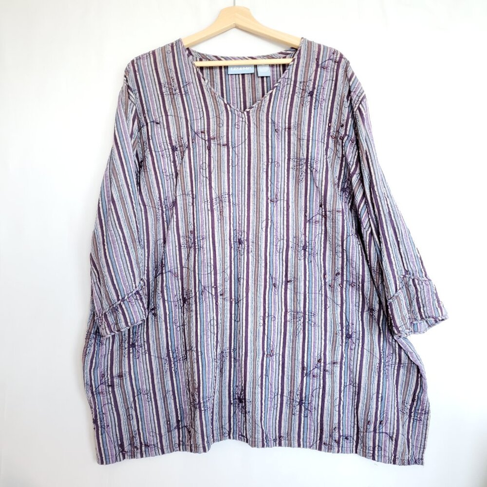 Liz & Me Women's Plus Top 4X Seersucker Tunic Jewel-tone Stripes Embroidered
